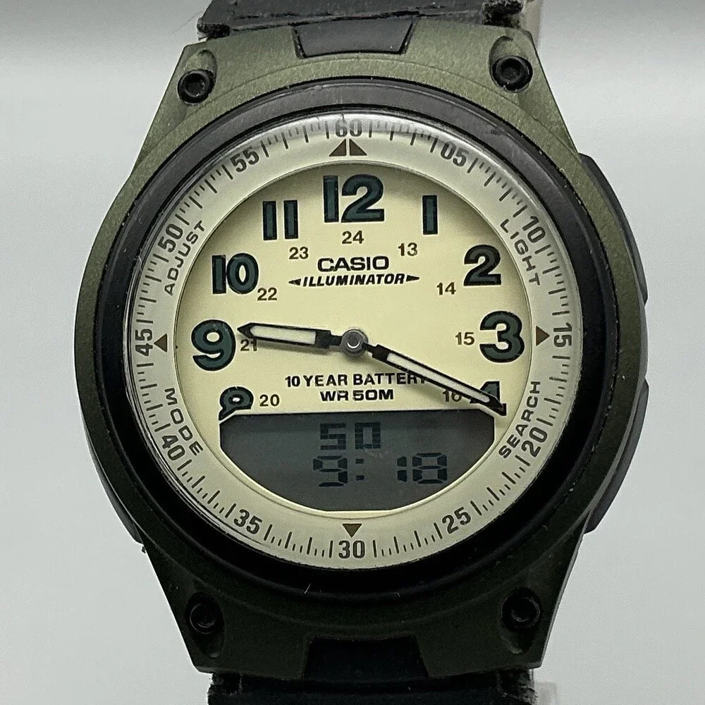 Casio 2747 AW-80 Mens Watch 40mm Beige Dial Green Telememo 30 Illuminator